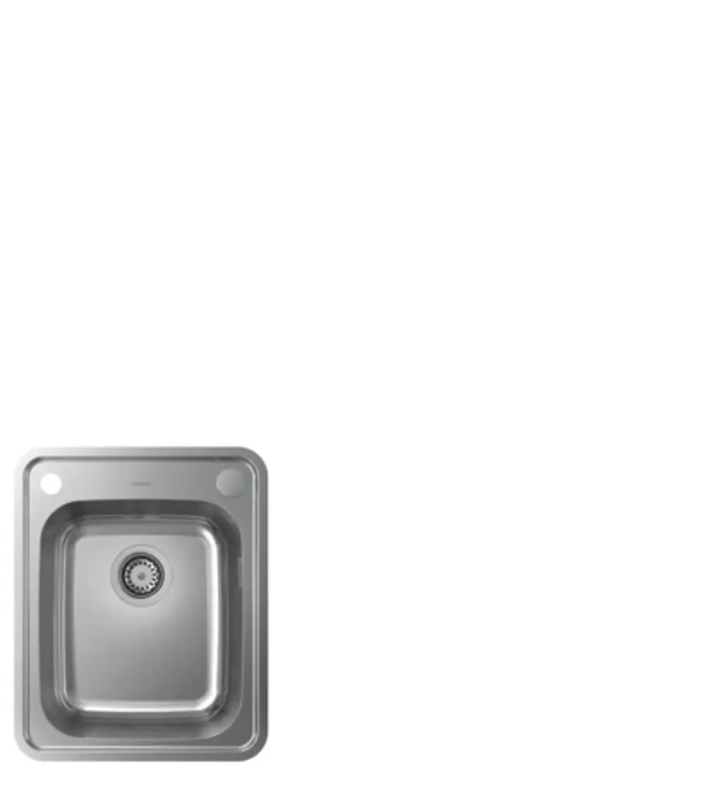 Edelstahlspüle von Hansgrohe mit quadratischem Becken und Abfluss. Zwei seitliche Löcher für Armatur oder Zubehör sind sichtbar.